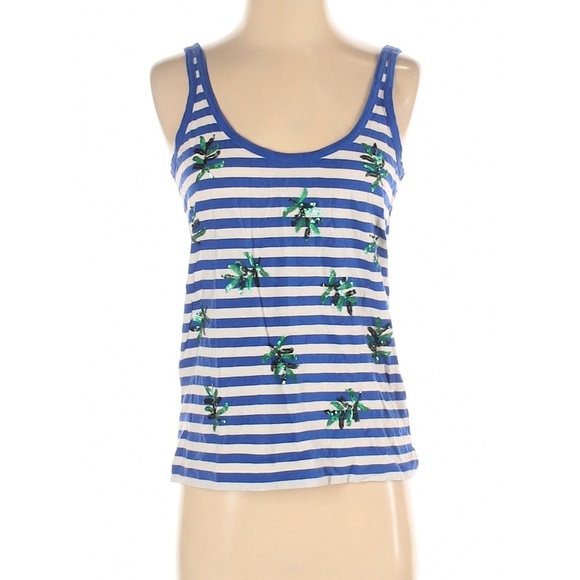 J crew Blue Striped Tank Top Sequin beaded Palm Leaf detail XS Scoop Linen White - Picture 2 of 10